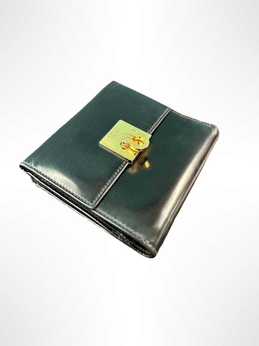 SALVATORE FERRAGAMO Vintage Gancini Mini Tri Fold Smooth Leather Wallet Black